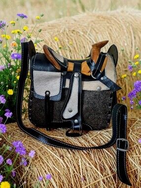 Handcrafted Black Tan Cowhide Leather With Real Wood Saddle-Style Crossbody Bag